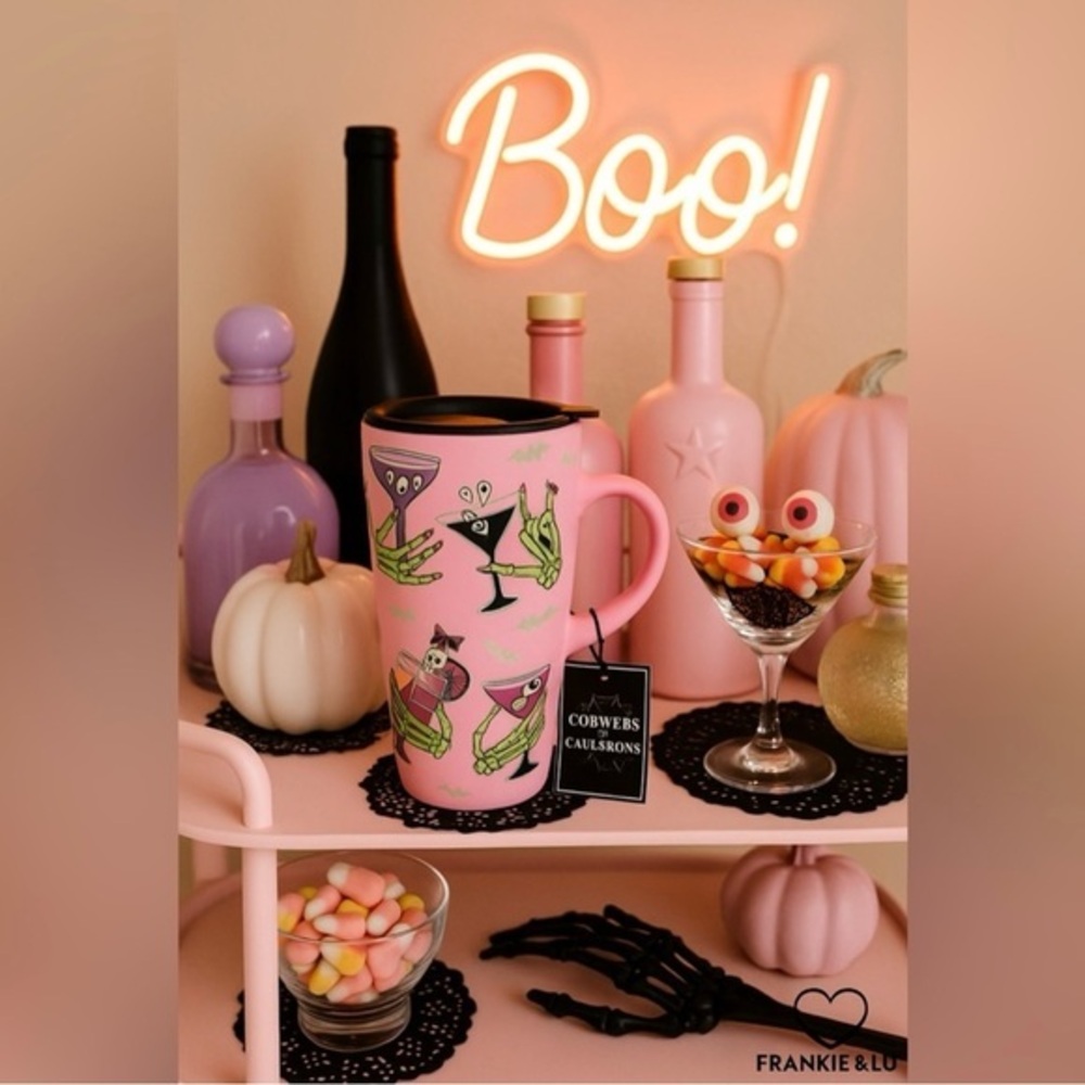Cobwebs & Cauldrons Pink Gothic Cocktail Skeleton Hand Travel Mug w/ Lid – NWT